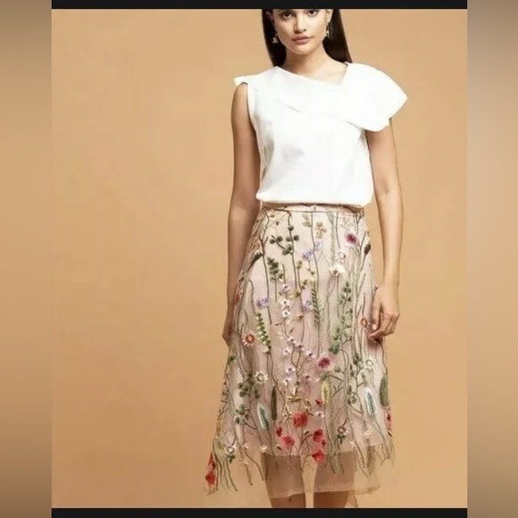 Eva Franco Dresses & Skirts - Eva Franco Nude Midi Skirt with Multicolor Floral Embroidery
